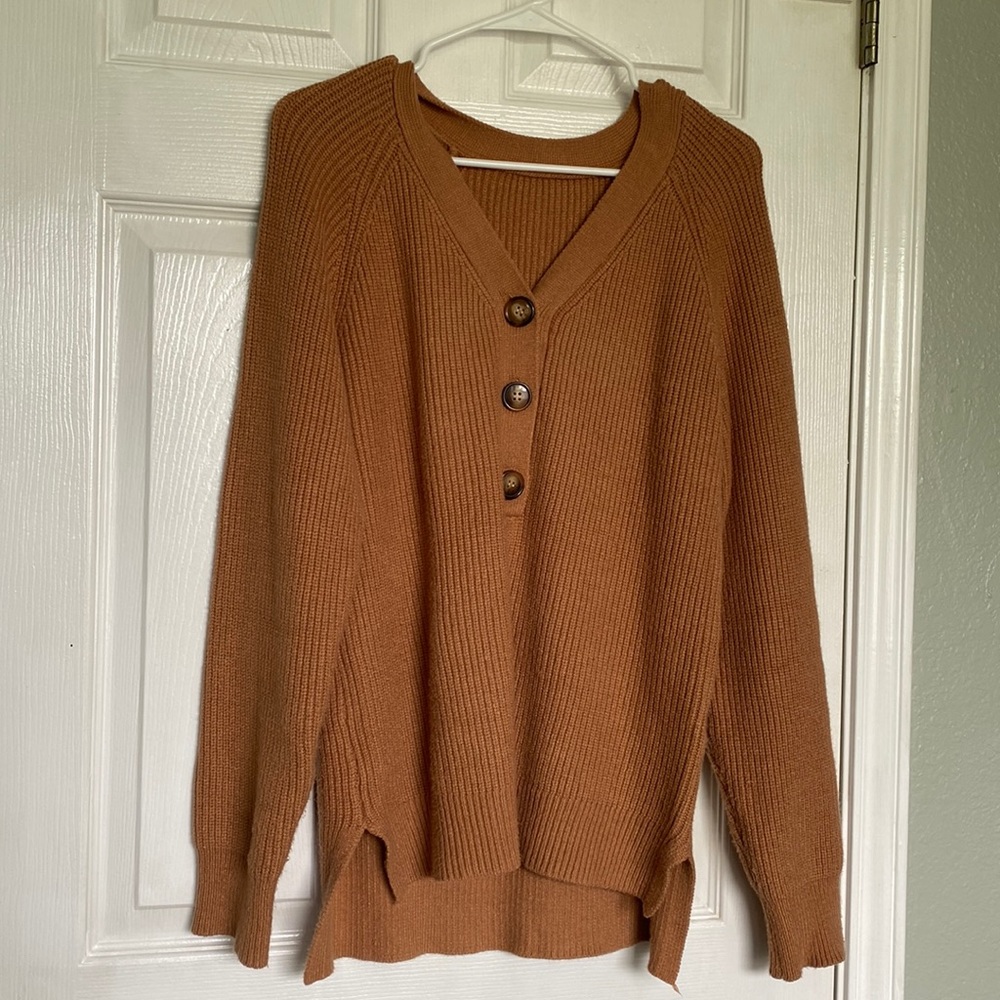 Cognac Slouchy Sweater with Brown Buttons V neck